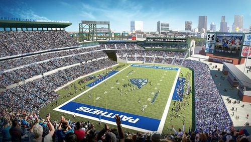 A rendering of Turner Field as a Georgia State Panthers football stadium, the cornerstone of a $300 million mixed-use development and southern extension of Georgia State’s campus. The stadium is slated for conversion into a football stadium with an initial capacity of 23,000 seats that could expand to 33,000. Source: Georgia State