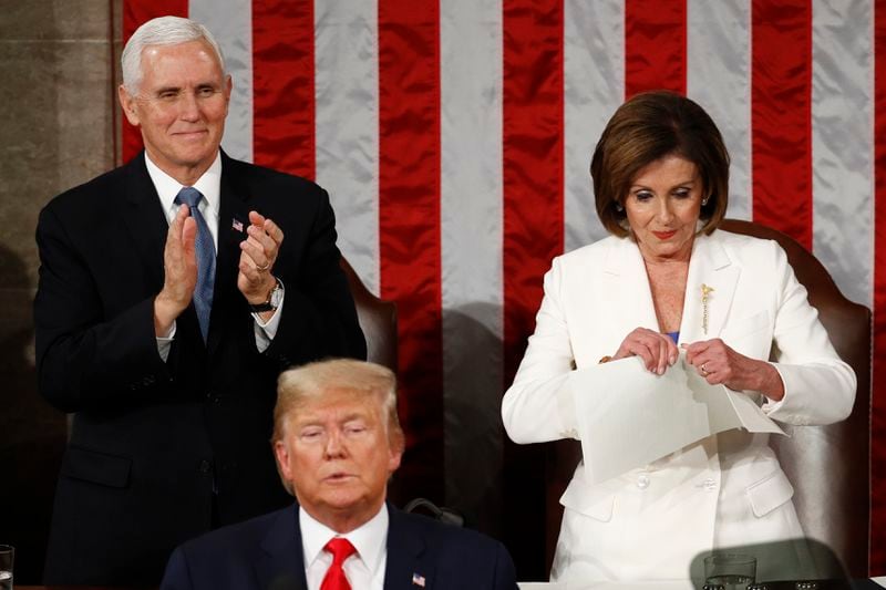 House Speaker Nancy Pelosi tears her copy of President Donald Trump’s State of the Union address after he delivered it to a joint session of Congress.