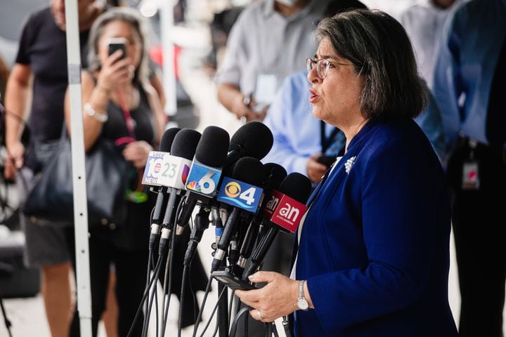 Miami-Dade County Mayor Daniella Levine Cava speaks during a press conference after a high rise residential building collapsed in Surfside, Fla., Thursday, June 24, 2021. (Scott McIntyre/The New York Times)
