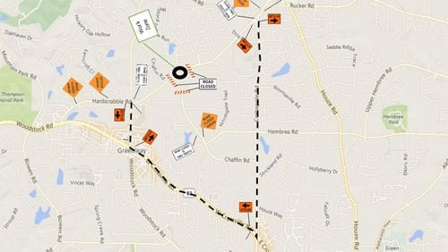 Map depicts recommended detours for the two weeks starting July 9 that the intersection of Hardscrabble and Chaffin roads in Roswell will be closed for construction. CITY OF ROSWELL
