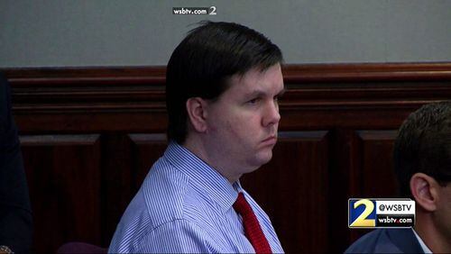 Justin Ross Harris listens to closing arguments at the hot-car murder trial in Brunswick. (Screen capture from WSB-TV) WSB-TV