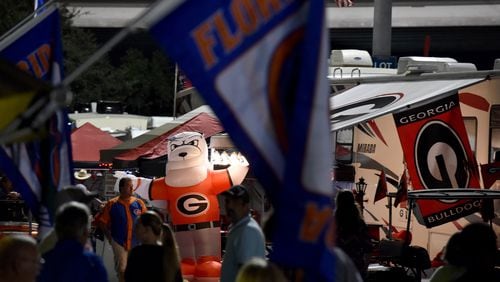 The scene from Friday before the 2015 Georgia-Florida game in Jacksonville. The countdown has already begun for this year's game, which will be held Saturday. (AJC file photo)