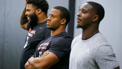 Georgia running back Nick Chubb participates in a drill during Georgia Pro Day, Wednesday, March 21, 2018, in Athens. Pro Day is intended to showcase talent to NFL scouts for the upcoming draft. (AP Photo/Todd Kirkland)