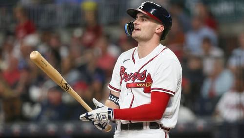Atlanta Braves’ Sam Hilliard reacts after swinging for a strike during the seventh inning against the Los Angeles Dodgers at Truist Park, Tuesday, May 23, 2023, in Atlanta. The Dodgers won 8-1. (Jason Getz / Jason.Getz@ajc.com)