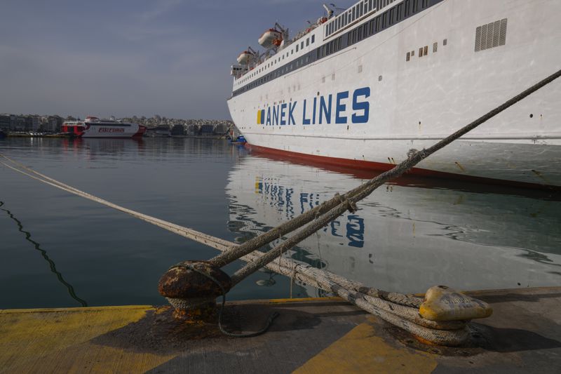 Docked ferries at the port of Piraeus, near Athens, during a 24-hour ferry strike on Wednesday, April 17, 2024. The General Confederation of Greek Labor, GSEE, called the strikes to press for a return of collective bargaining rights axed more than a decade ago during a severe financial crisis. The 24-hour strike kept ferries at ports and disrupted other public services, leaving some state-run hospitals running on emergency staff levels (AP Photo/Petros Giannakouris)