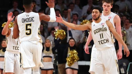 March 19, 2017, Atlanta: Georgia Tech guard Josh Okogie (left) gets five from Josh Heath after scoring against Belmont in their NIT tournament round two NCAA basketball game on Sunday, March 19, 2017, in Atlanta. Curtis Compton/ccompton@ajc.com