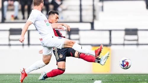 Atlanta United forward Tyler Wolff (right) scores a goal during the first half of the Open Cup match against Memphis 901 FC at Fifth Third Bank Stadium in Kennesaw on Wednesday April 26, 2023. (Photo by Mitchell Martin/Atlanta United)