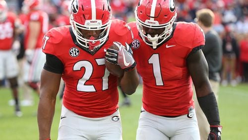 November 12, 2016, Athens: Georgia tailbacks Nick Chubb and Sony Michel prepare to play Auburn in an NCAA college football game on Saturday, Nov. 12, 2016, in Athens. Curtis Compton/ccompton@ajc.com