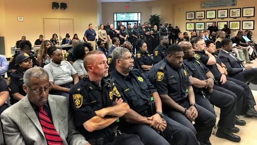 About 50 police officers and sheriff's deputies listened to DeKalb CEO Mike Thurmond's budget preview Tuesday, June 6, 2017, at the Maloof Auditorium in Decatur. Thurmond said he'll address public safety pay disparities, which will result in raises for some officers. MARK NIESSE / MARK.NIESSE@AJC.COM