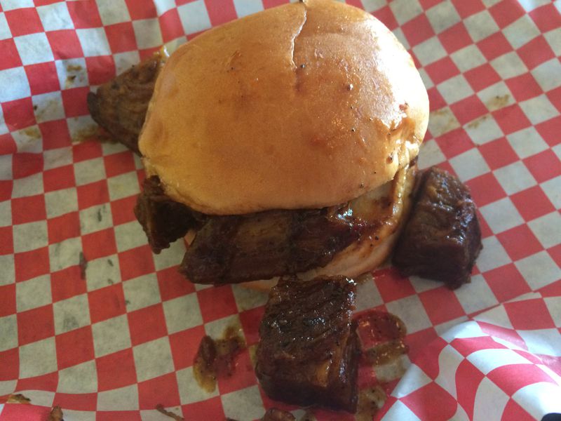 The burnt-ends sandwich at Sam’s BBQ-1 in east Cobb. CONTRIBUTED BY WENDELL BROCK