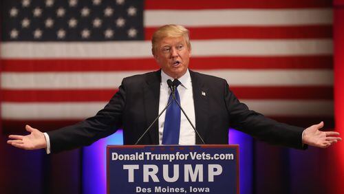 DES MOINES, IA - JANUARY 28: Republican presidential candidate Donald Trump gestures as he speaks to veterans at Drake University on January 28, 2016 in Des Moines, Iowa. Donald Trump held his alternative event to benefit veterans after withdrawing from the televised Fox News/Google GOP debate which airs at the same time. (Photo by Christopher Furlong/Getty Images)