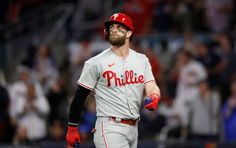 Philadelphia Phillies designated hitter Bryce Harper (3) flies out against the Atlanta Braves during the third inning of game two of the National League Division Series at Truist Park in Atlanta on Wednesday, October 12, 2022. (Jason Getz / Jason.Getz@ajc.com)