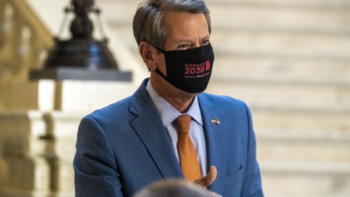 09/24/2020 - Atlanta, Georgia - Gov. Brian Kemp wears a Ô2020 CensusÕ branded face mask after encouraging Georgians to fill out the 2020 Census during a press conference at the Georgia State Capitol building in downtown Atlanta, Thursday, September 24, 2020.  (Alyssa Pointer / Alyssa.Pointer@ajc.com)