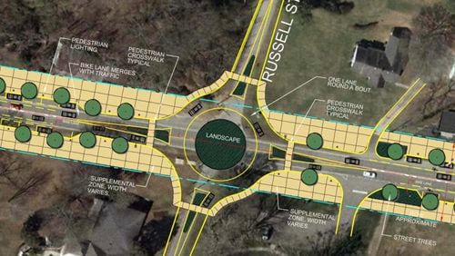 Construction plans for Buford Highway in Suwanee include a roundabout at the intersection of Buford Highway and Russell Street. Courtesy City of Suwanee