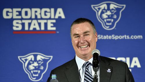Shawn Elliott speaks at a news conference where he was introduced as the head football coach for Georgia State in Atlanta, Georgia, on Friday, December 9, 2016. (DAVID BARNES / DAVID.BARNES@AJC.COM)