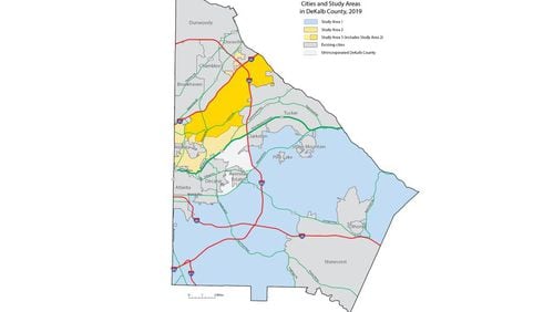 This map shows the areas of DeKalb County studied by the Carl Vinson Institute. The area in blue is the proposed city of Greenhaven, while the area in darker yellow would be Vista Grove. The areas in white and light yellow would remain unincorporated if both proposed cities became a reality. (Photo via Carl Vinson Institute)