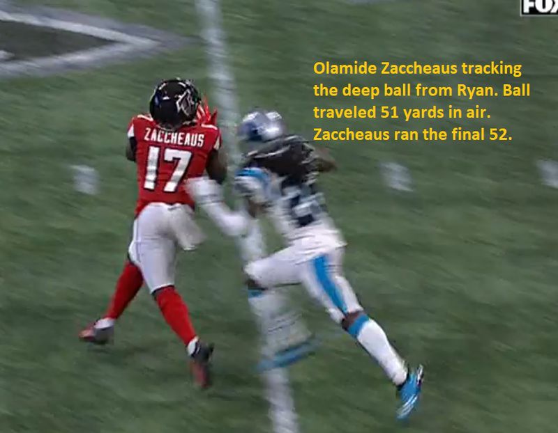 Falcons rookie wide receiver Olamide Zaccheaus tracking the deep pass from Matt Ryan, who was leveled by Panthers cornerback James Bradberry on the play. (Screen grab of Fox Broadcast from Gamepass.NFL.Com)
