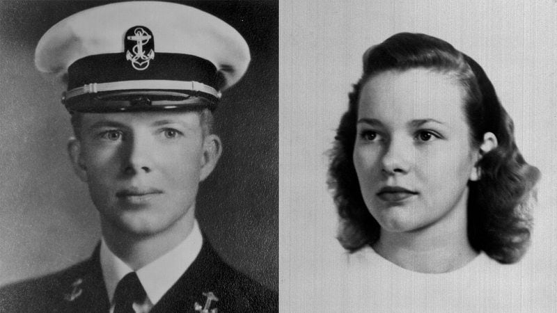 Jimmy Carter and Rosalynn Smith were married shortly after Carter's graduation from the U.S. Naval Academy in 1946. Carter's portrait is from sometime during his years in the Academy (1943-46) and Rosalynn's picture is from 1944, when she was 17. The couple is celebrating their 75th anniversary on July 7, 2021. (Jimmy Carter Library)