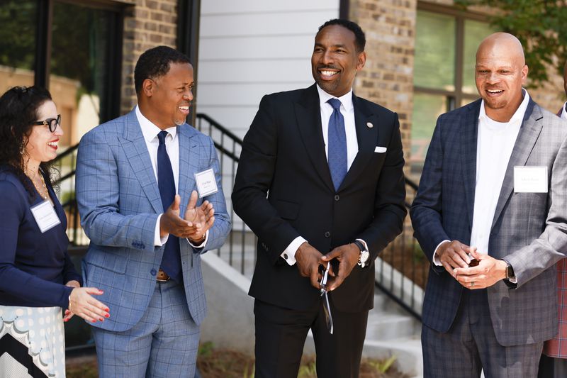 Atlanta Mayor Andre Dickens at the ribbon cutting for the opening of Parkside, a new affordable housing community on the Beltline Westside trail on Wednesday June 1, 2022. (Natrice Miller / natrice.miller@ajc.com)

