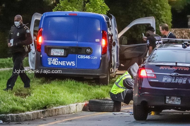 No one was seriously injured when the stolen CBS 46 van wrecked along The Prado in the Ansley Park neighborhood of northeast Atlanta.