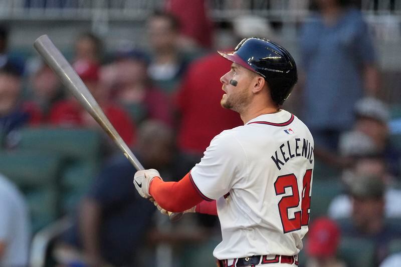 Atlanta Braves' Jarred Kelenic watches his two-run home run in the third inning of a baseball game against the Boston Red Sox Tuesday, May 7, 2024, in Atlanta. (AP Photo/John Bazemore)