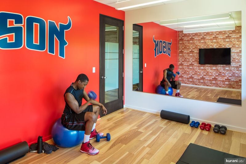 The Howard West Campus gym features Howard University’s colors and mascot, the bison. The campus, located at Google headquarters in Mountain View, California, is designed by Atlanta-based architecture firm, Kurani.