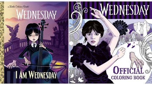 This combination of book covers released by Random House Books for Young Readers shows "I Am Wednesday (a Little Golden Book), left, and "Wednesday Official Coloring Book," a collaboration with Penguin Random House and Amazon MGM Studios. (Random House Books for Young Readers via AP)