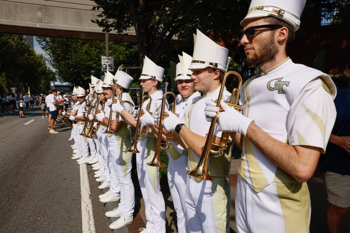 The Georgia Tech band lines North Avenue.   (Bob Andres for the Atlanta Journal Constitution)