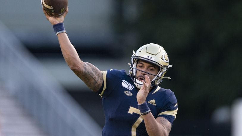 Lucas Johnson #7 of the Georgia Tech Yellow Jackets looks to pass during the second half of a game against the Pittsburgh Panthers at Bobby Dodd Stadium on November 2, 2019 in Atlanta, Georgia. (Photo by Carmen Mandato/Getty Images)