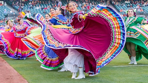 May 5, 2016: Traditional Mexican dancers perform for Cinco de Mayo before the Major League Baseball game between the Colorado Rockies and San Francisco Giants at AT&T Park in San Francisco, CA. (Photo by Bob Kupbens/Icon Sportswire via Getty Images)