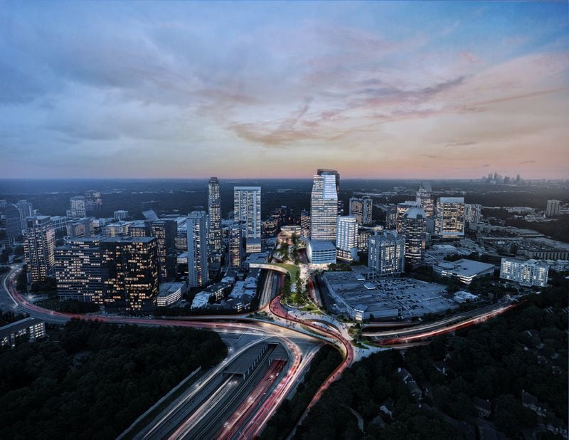 An aerial view of a proposed deck park that would cap a portion of Ga. 400 at the Buckhead MARTA station. Source: Rogers Partners Architects + Urban Designers