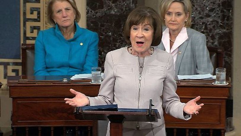 In this image from video provided by Senate TV, Sen. Susan Collins, R-Maine, speaks on the Senate floor about her vote on Supreme Court nominee Judge Brett Kavanaugh on Oct. 5, 2018, in the Capitol in Washington. Sitting behind her are Sen. Shelley Capito (left), R-W.Va., and Sen. Cindy Hyde-Smith (right), R-Miss. SENATE TV VIA AP