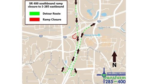 Map depicts the recommended detour when the ramp from southbound Ga. 400 to eastbound I-285 is closed. GEORGIA DEPARTMENT OF TRANSPORTATION