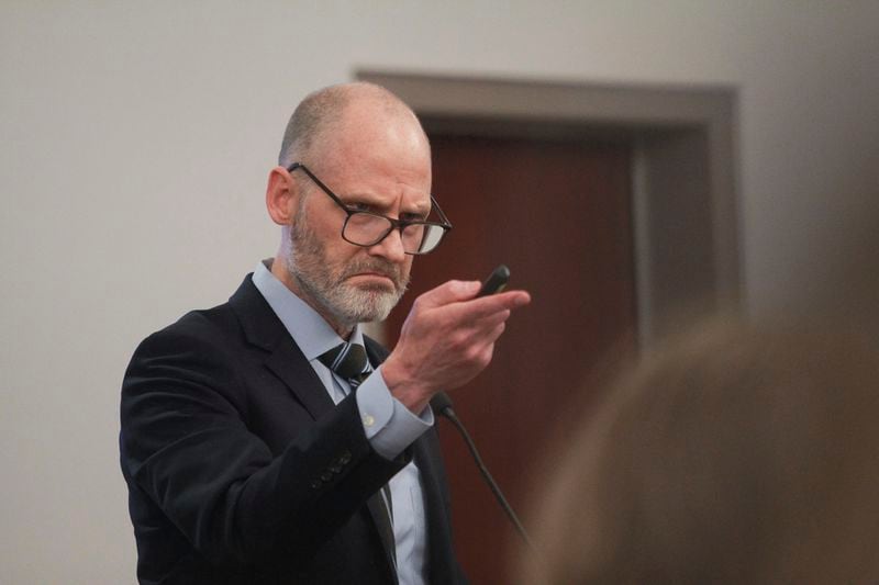 County Attorney Michael Jette addresses jurors during closing arguments in Santa Cruz County Superior Court, Thursday, April 18, 2024 in Nogales, Ariz. Rancher George Alan Kelly accused of second-degree murder in the January 2023 death of 48-year-old Gabriel Cuen-Buitimea, who lived south of the border in Nogales, Mexico. (Angela Gervasi/Nogales International, via AP, Pool)