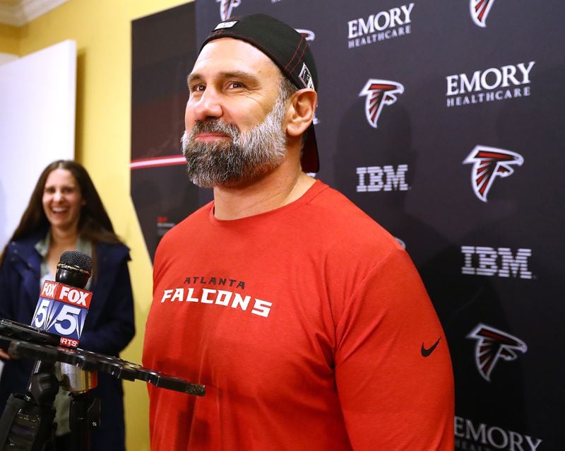 Falcons assistant Jeff Ulbrich takes questions during press conferences at the team training facility on Tuesday, March 10, 2020, in Flowery Branch.  Curtis Compton ccompton@ajc.com