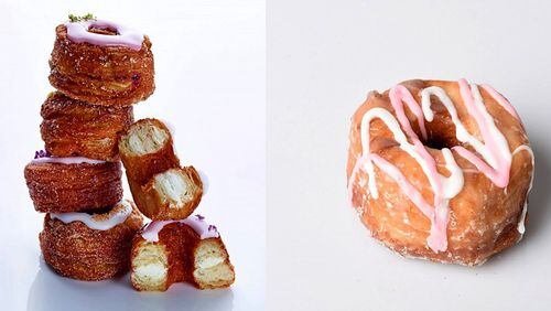 Left, Dominique Ansel Bakery's Cronut, a pastry that melds a croissant and a doughnut, debuted in 2013 and is available only at Ansel's SoHo bakery. Right, the Croissant Doughnut from Dunkin' Donuts was introduced a year later, and aims to capitalize on foodies' desire to try the real thing. MUST CREDIT: Left; photo by Thomas Schauer; right; Matt McClain, The Washington Post