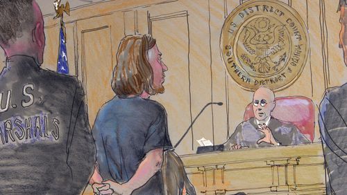 This courtroom sketch by Richard Miller shows Aubrey Lee Price making his initial court appearance before U.S. Magistrate Court Judge James Graham in Brunswick, Ga., on Thursday, Jan. 2, 2014.