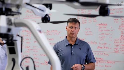 August 16, 2016 - Cartersville - Will Lovett, Managing Director of Unmanned Systems at Phoenix Air, in the new drone facility. Phoenix Air in Cartersville gave a tour of its "Ebola plane", a Gulfstream III with an Aeromedical Biological Containment System ( ABCS ), which more recently has been used to transport Lassa fever patients. It also showed it's Containerized Biological Containment System (CBCS), which can handle more patients, during a visit by Sen. David Perdue. BOB ANDRES /BANDRES@AJC.COM