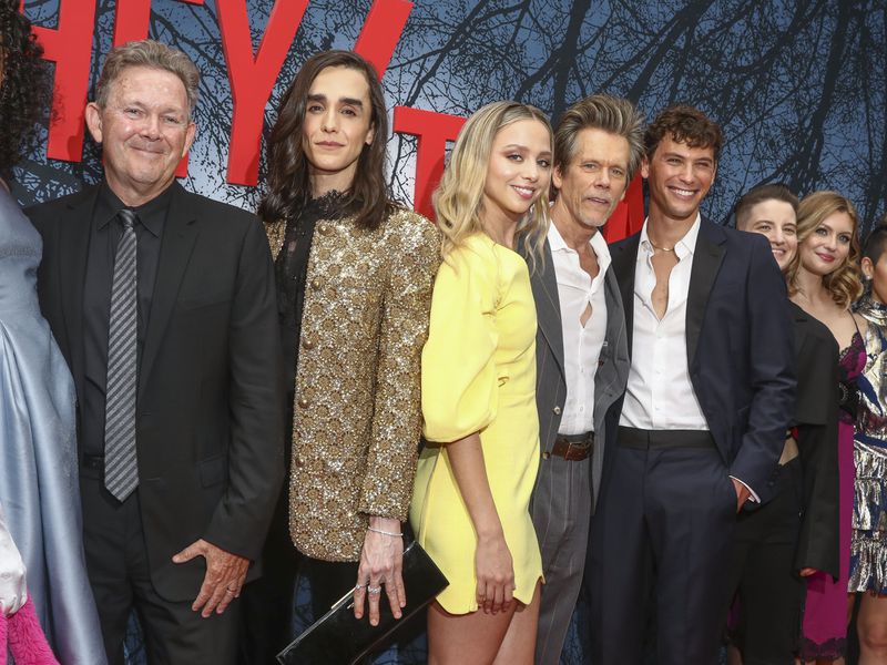 Writer and director John Logan, from left, and actors Darwin Del Fabro, Anna Lore, Kevin Bacon and Cooper Koch attend the premiere of "They/Them" at Studio 525 on Wednesday, July 27, 2022, in New York. (Photo by Andy Kropa/Invision/AP)