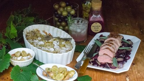 Scuppernongs and muscadines are celebrated in a quartet of recipes featuring the Southern grapes: (clockwise, from left) Muscadine Clafoutis, Muscadine Shrub, Pork Tenderloin with Muscadines, and Pickled Muscadines. (Virginia Willis for The Atlanta Journal-Constitution)