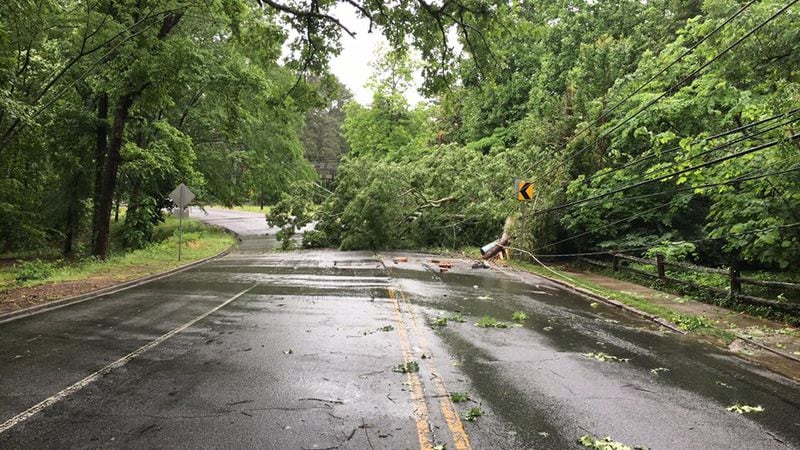 All lanes were blocked on Chamblee Dunwoody Road at Chateau Drive because of a downed tree. (Credit: Channel 2 Action News)