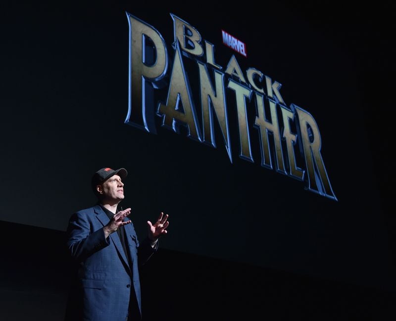 Marvel Studios President Kevin Feige onstage during four years ago at a Marvel Studios fan event at The El Capitan Theatre in Los Angeles talking about “Black Panther” movie, which opens this Friday nationwide. (Photo by Alberto E. Rodriguez/Getty Images for Disney)