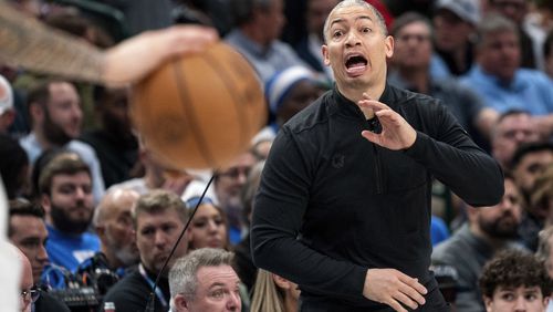 Los Angeles Clippers head coach Tyronn Lue shouts to his players during the second half of Game 4 of an NBA basketball first-round playoff series against the Dallas Mavericks, Sunday, April 28, 2024, in Dallas. (AP Photo/Jeffrey McWhorter)