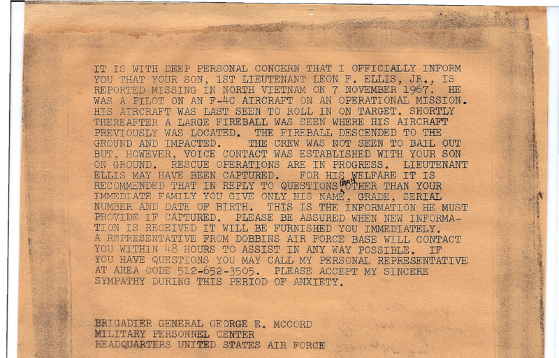 The U.S. military sent Lee Ellis' family this telegram after his jet crashed in Vietnam in 1967.