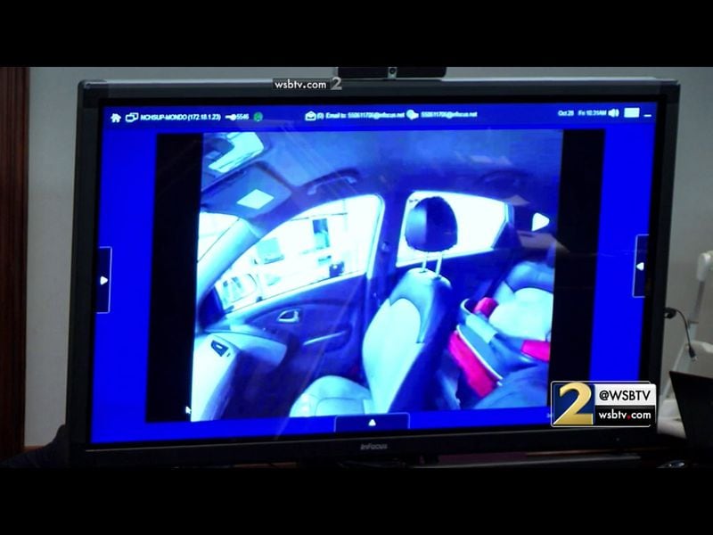 Prosecutors show images from a panoramic photo taken inside Justin Ross Harris' SUV, as taken by a 3D scanner, during Harris' murder trial at the Glynn County Courthouse in Brunswick, Ga., on Friday, Oct. 28, 2016. The photos were taken from approximately the eye level of a driver, but Harris' defense has hotly argued whether these "sight lines" are accurate to what Harris would have actually seen. (screen capture via WSB-TV)