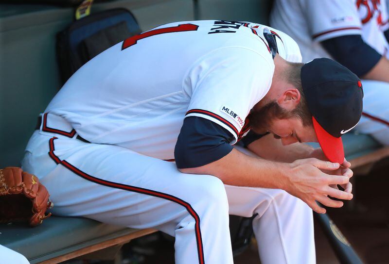 Braves pitcher Chad Sobotka reacts in the dugout after he gave up 3 runs to the Arizona Diamondbacks and was pulled from the game during the seventh inning Thursday, April 18, 2019, at SunTrust Park in Atlanta. The Diamondbacks won the game 4-1.
