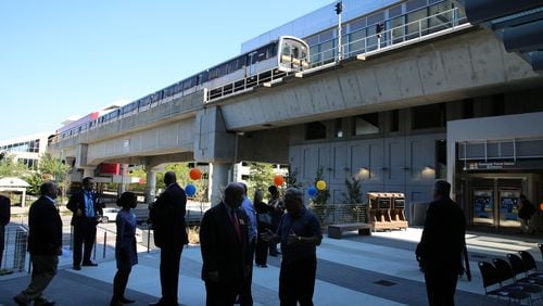 A pedestrian bridge exits from the lobby of State Farm's Dunwoody office tower and connects to MARTA. A ribbon cutting for the walkway was held Thursday, Sept. 28, 2017. Photo credit: State Farm