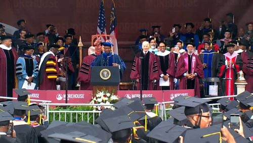 President Joe Biden appeared on stage at Morehouse College around 9:20 a.m. Biden is set to deliver the college's commencement address. Image via Morehouse College's YouTube channel.