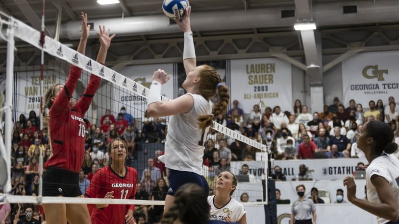 Georgia's Kayla Rivera challenges Georgia Tech's Julia Bergmann at the net in the Yellow Jackets' win over the Bulldogs September 18, 2021 at Tech's O'Keefe Gymnasium. (Georgia Tech Athletics)
