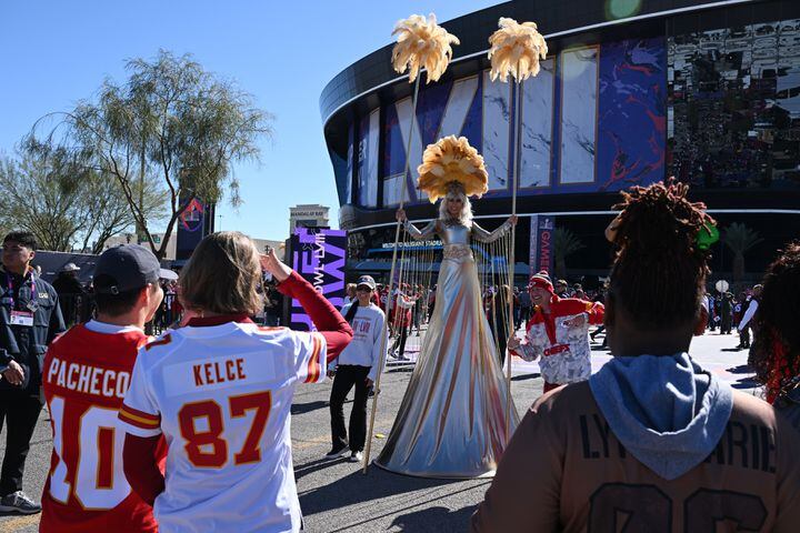 Fans arrive at Allegiant Stadium in Las Vegas before the start of Super Bowl LVIII on Sunday, Feb. 11, 2024. (Bridget Bennett/The New York Times)
